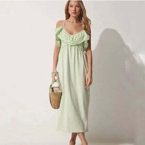 Zara Light Green Eyelet Ruffle Midi Dress Size Large Boho